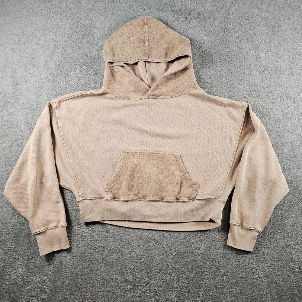 Free People Cropped Hoodie Tan Beige Boxy Oversized Sweatshirt Large